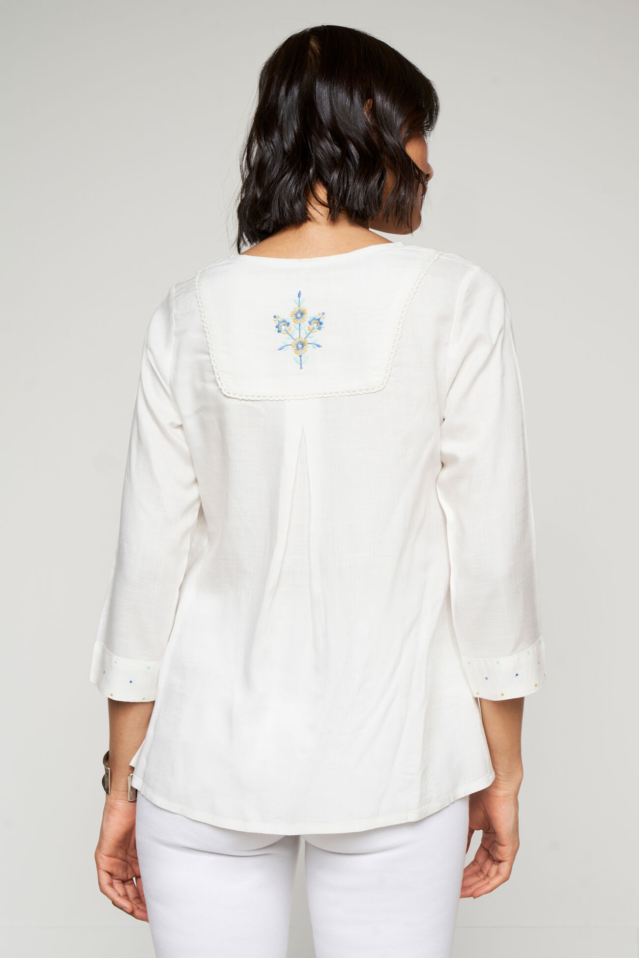 White Solid Embroidered Fit And Flare Top, White, image 4